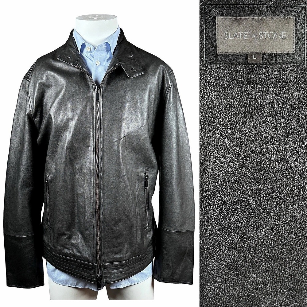 Slate & Stone Lamb Leather Jacket Mens Large Black Moto Cafe Racer Full Zip Coat